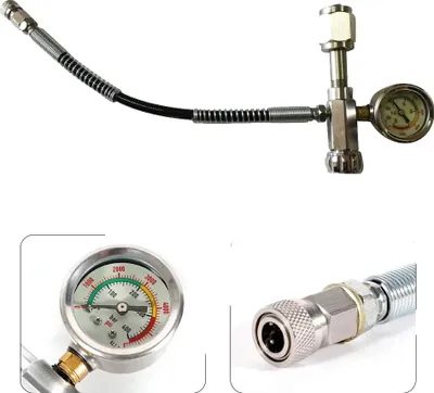 Produktbild von Druckmesser, 4500 PSI, 60 cm Schlauch, 8 mm Auslassgewinde, 1/2 Schnellverbindung, Kugeltypstruktur