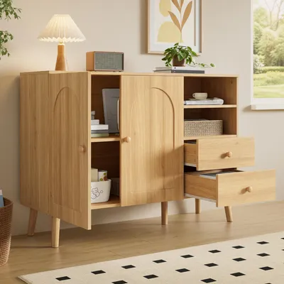 Produktbild von MODFU Sideboard mit Gewölbte Türen,Aufbewahrungsschrank mit Doppeltürschrank und 2 offenem Fach,für Wohnzimmer,Natürlich