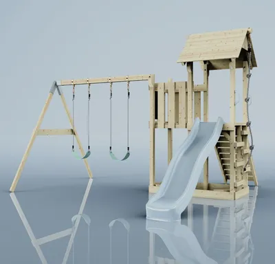 Produktbild von OutdoorToys Spielturm mit Wellenrutsche und 2x Kinder-Schaukel, Outdoor Klettergerüst Garten mit Plattform, Ausführung: Kinderschaukel, Farbe: Eisblau, mit Kinderschaukel