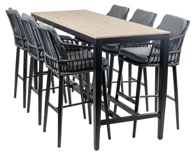Produktbild von 7-teiliges Gartenbar-Set | 7 Isabel Barhocker Schwarz | Limasol Bartisch 200 x 75 cm Holz