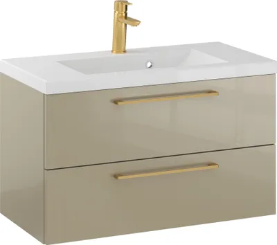 Produktbild von Rosen 80.2 cm Badezimmerschrank in Cappuccino Hochglanz mit Waschbecken und Griffen in Edelstahl gebürstet - Zeitloses Design