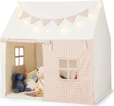 Produktbild von DREAMADE Kinderspielzelt, Kinderzelt mit gepolsterter Matte & aufrollbaren Türen & 2 Seitentaschen & Sternenlichtern & Wimpeln, 3-8 Jahren, beige