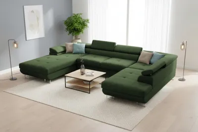 Productafbeelding van Zitmeubel met slaapbank GIANLUCA, bekleed met stof Gerra in de kleur groen, met een ottoman van 105 cm aan de linkerkant