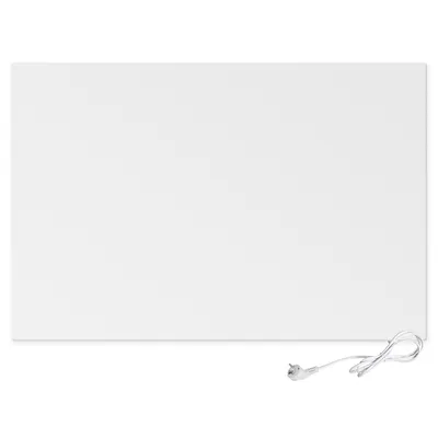 A white infrared heating panel with a power cord attached.