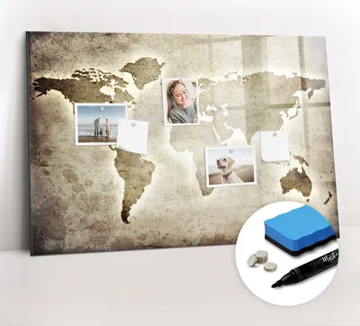 Produktbild von Magnetpinnwand Memoboard - Zubehörsatz - Schwarzer Marker + Schwamm + Magnete - 90 x 60 cm - Weltkarte