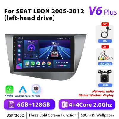 Immagine prodotto di Autoradio per Seat Leon 2005–2012 - Sistema multimediale 2-DIN con Android 10 - Touchscreen da 23 cm - 6+128 GB - CPU da 2,0 GHz - Interfaccia per telecamera AHD - GPS