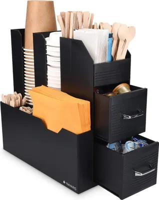 Produktbild von Kaffee- und Tee-Organizer - Navaris für Kapseln, Zucker, Milch - Inklusive großzügigem Becherhalter - Für Zuhause oder Büro - Schwarz