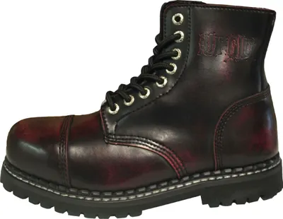 A single burgundy and black leather boot is shown against a white background.