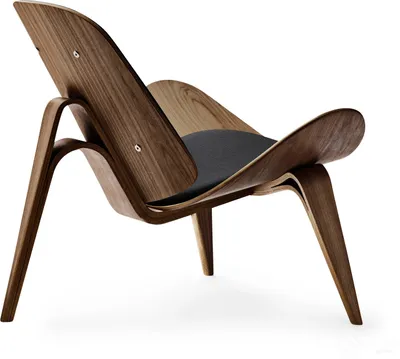 A modern lounge chair with a curved wooden shell and a gray fabric cushion, photographed against a white background.
