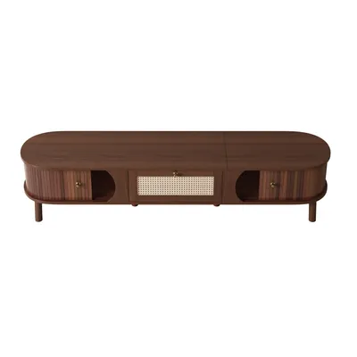 Produktbild von Merax TV-Schrank mit Türen & Rattan-Schubladen, Massivholz-Fernsehschrank 170 cm, Rustikaler TV-Ständer mit Naturholzlamellen & Stauraum