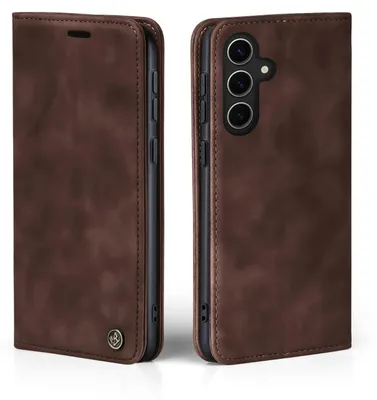 A brown leather flip case for a smartphone is shown from two angles.
