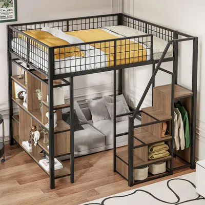 Produktbild von okwish 140×200 Jugendbett mit Stauraumleiter, Hochbett mit Sicherheitsgeländer und Stauraumfächern,Kinderbett in Schwarz,ohne Matratze