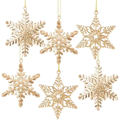 Produktbild von 6 Schneeflocken Weihnachtsanhänger aus Metall - 8 cm Goldfarben