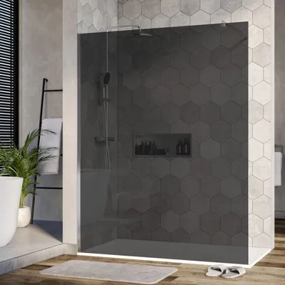 Produktbild von Duschabtrennung Walk-In Nano Echtglas EX101 - Graues Glas - 10 mm - Wandprofil Chrom - Breite wählbar, Breite Walk-In:1400mm