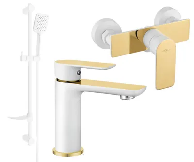 Image de Alfa DF62 Ensemble de mitigeurs de lavabo et de douche avec accessoires, blanc/or (745704DF62-25)