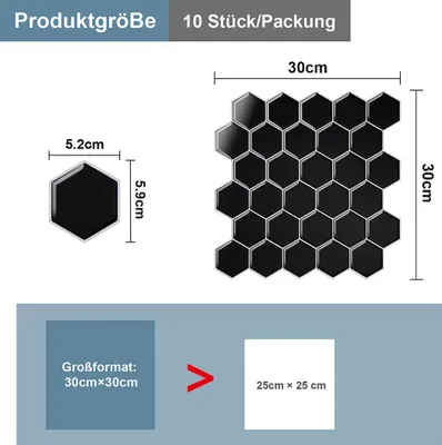 Produktbild von Faziango Fliesenaufkleber 30x30cm Fliesen-Folie 10 Stück Deko selbstklebende Klebefliesen Schwarz für Küche Bad Wohnzimmer Zimmer