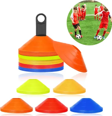 Produktbild von 50 Stück Fussball Hütchen Set Markierungen Hütchen Markierteller für Fußball Tennis Hockey Leichtathletik und Agilität Training 5 Farbe, 90% Kunststoff