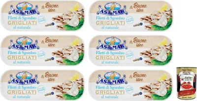 Produktbild von 6x AS do MAR Filetti di Sgombro Grigliati al Naturale,Natürliche Gegrillte Makrelenfilets und Vollsalz,120g Dose + Italian Gourmet Polpa di Pomodoro 400g Dose