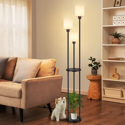 Obrázek produktu pro ZMH stojací lampa do obývacího pokoje stojací lampa vintage stojací lampa s policí E27 stojací lampa do ložnice retro policová lampa bílá 3 plameny látkové stínidlo nožní spínač pro pohovku venkovský dům kuchyně (bez žárovky)