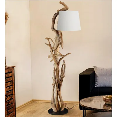 Produktbild von Stehlampe MORGAN 185 cm – Wurzelholzlampe aus Teak mit Leinenschirm Natur