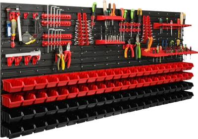 Obrázek produktu pro Skladovací systém Dílenské regály | 172 x 78 cm | 88 ks. Box | Nástěnný regál s držáky na nářadí a stohovatelnými boxy - Nástěnné desky Extra silné regály s přihrádkami Nástěnná deska s otvory pro nářadí Skladovací regál Garážový regál