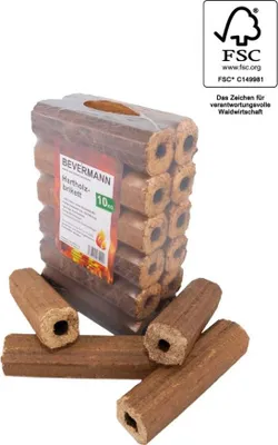 A package of wood briquettes is shown with several briquettes scattered in front of it.