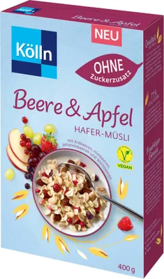 Produktbild von Kölln Müsli Beere-Apfel-Hafer ohne Zuckerzusatz (400g Packung) + usy Block