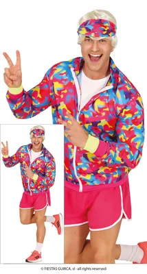 Produktbild von Sportliches 80er Jahre Outfit Bunter Karnevalsjogger Kostüm Spaßiger Fitnessstil Laufjacke, Größe: 52 - 54 (L) Farbe: Mehrfarbig