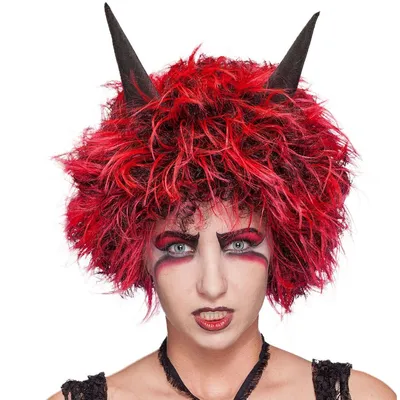 Teufel-Perücke mit Hörnern rot schwarz Diabolo für Erwachsene Halloween Fasching Karneval Mottoparty Perücke für Damen & Herren