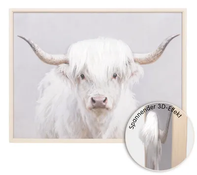Produktbild von UNUS Wandbild 3D Wanddeko 60x80 Wall Art Hairfusion Kuh weiß mit Hörnern