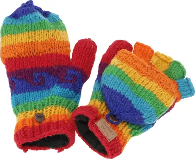 Produktbild von Handgestrickte Handschuhe, Klapphandschuhe Nepal, Wollhandschuhe - Regenbogen, Uni, Mehrfarbig, Wolle, Handschuhe & Handstulpen