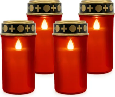 Zdjęcie produktu dla Relaxdays Światło nagrobkowe LED, zestaw 4 szt., migoczący płomień, zasilane bateryjnie, odporne na warunki atmosferyczne, tworzywo sztuczne, świece nagrobkowe na cmentarz, czerwone