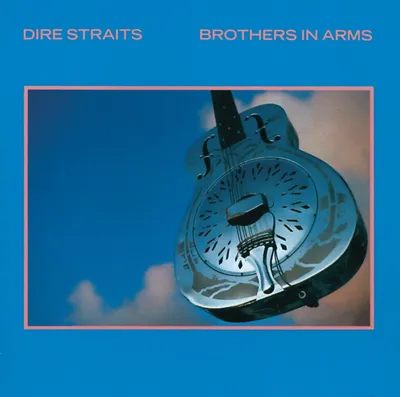 Album cover art for Dire Straits - Brothers In Arms, featuring a resonator guitar against a blue sky with clouds.