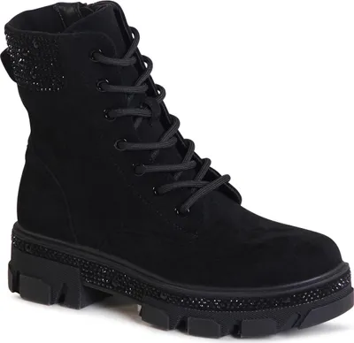 A studio shot of a black boot.