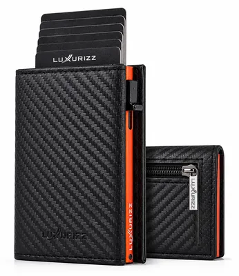Produktbild von Luxurizz Slim Wallet Herren mit Magnetverschluss, Pop-Up Kartenhalter mit RFID-Schutz, Carbon Orange
