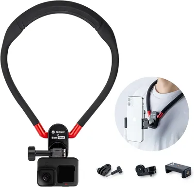 Produktbild von Fotopro POV Nackenhalterung für Action Kamera & Handy, flexibler Silikon-Halter mit Telefonclip, vertikal tragbar, Selfie Mount, Farbe Schwarz