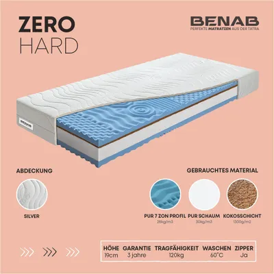 Produktbild von Schaummatratze Benab Zero Hard Matratze 90 x 195 cm H3 / H5 hart 19 cm hohe Schaummatratzen, Silber, Kokosnuss, PUR, 7 Zonen, Knoben, Partnermatratze