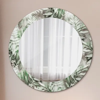 Produktbild von Modern Spiegel - Wandspiegel Design Wandmontage – Badspiegel mit Aufdruck - Rundspiegel - Aquarell Blätter - Rund: Ø60 cm