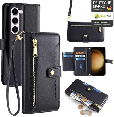 Produktbild von Handykette Samsung Hülle mit Band Handyhülle Kartenfächer Kunstleder Umhängetasche Galaxy S24+ Schwarz