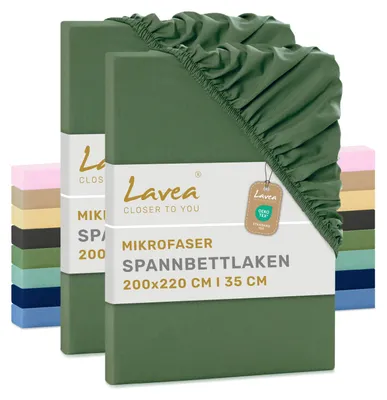 Produktbild von Lavea® Spannbettlaken 200x220 cm aus Mikrofaser, Bettlaken mit Rundumgummi, für Matratzen bis 35 cm, atmungsaktiv und kühlend, pflegeleicht, Spannbetttücher, 2er Set, Olivgrün