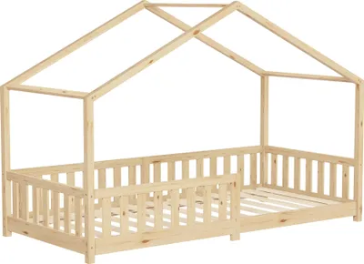 Produktbild von ML-Design Kinderbett Hausbett 90x200 cm Natur, Holzbett mit Rausfallschutz Lattenrost und Dach Spielbett aus massivem Kiefernholz für Kinder Bodenbett