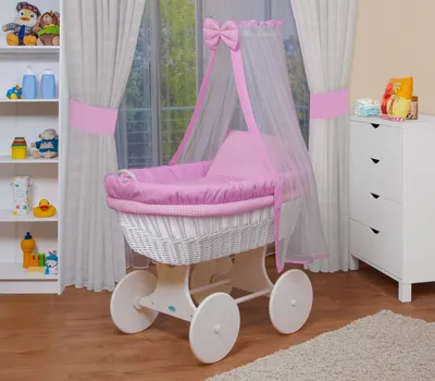 Obrázok produktu pre Súprava detskej postieľky Waldin s vybavením, XXL, rám/kolesá lakované na bielo, ružová kockovaná