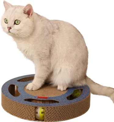 Produktbild von Heikoeco® Interaktives Kratzbrett & Katzenspielzeug mit 2 Glöckchen aus Wellpappe (Rund, blau)