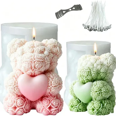 Image de 2 moules en silicone pour bougies, forme 3D : rose et ours, tailles S et M