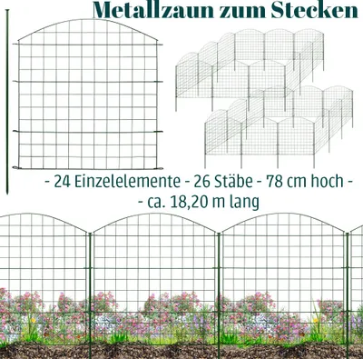 Produktbild von Zaun Gartenzaun Steckzaun Teichzaun für Garten Teich 24 Zaunelemente 78 cm hoch Metall Hundezaun Gitterzaun Oberbogen Grün V2Aox6 x 6cm