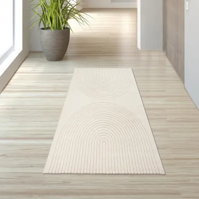 Produktbild von Wohnzimmer Schlafzimmer Teppich Hoch- Tiefeffekt Bogenmuster Creme Größe - 80 x 150 cm