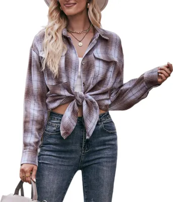 Produktbild von ASKSA Damen Karierte Bluse Casual Oversized Hemdbluse Langarmshirt Elegant Hemd Oberteile, Kaffee, M