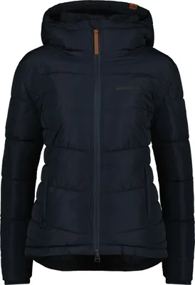 A studio shot of a navy blue puffer jacket.