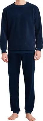 Produktbild von Schiesser Warming Nightwear Velours Schlafanzug lang Bündchenabschlüsse an den Ärmeln und Saum, Inifarbene Hose mit praktischem Bindeband und bequemen Bündchenabschlüssen, In angenehm weicher Velours-Qualität
