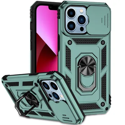Immagine prodotto di Custodia per iPhone 14 Pro a doppio strato con copertura scorrevole per la fotocamera e supporto ad anello verde